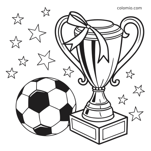 A two-handled trophy cup with a ribbon on a base, beside a soccer ball and surrounded by stars in simple line art.