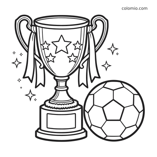 Black-and-white coloring page showing a two-handled trophy with ribbons, stars, sparkles, and a soccer ball beside it.