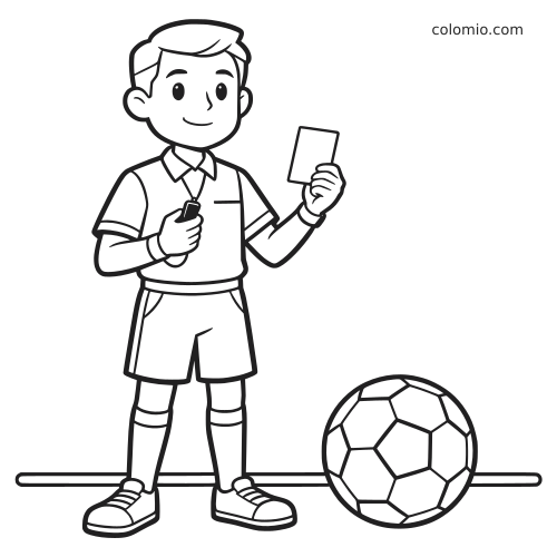 Um árbitro de futebol em estilo cartoon segura um apito e um cartão, com uma bola de futebol ao lado, em traço simples.