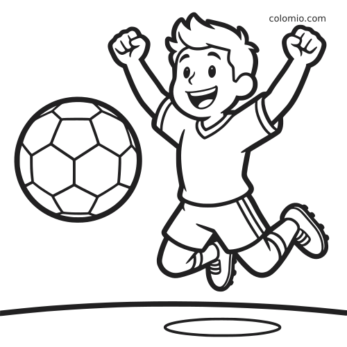 Um menino em estilo cartoon pula com os dois braços levantados ao lado de uma bola de futebol, comemorando em contorno preto e branco.