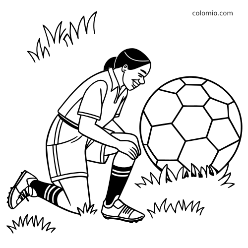 Ilustração em preto e branco de uma jogadora de futebol ajoelhada na grama ao lado de uma bola grande.