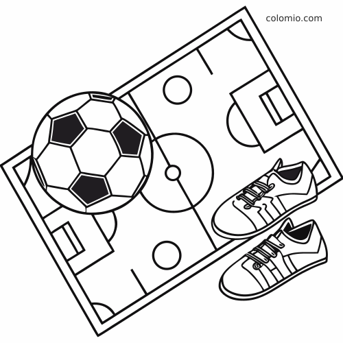 Uma bola de futebol e um par de chuteiras sobre o contorno inclinado de um campo de futebol em preto e branco.
