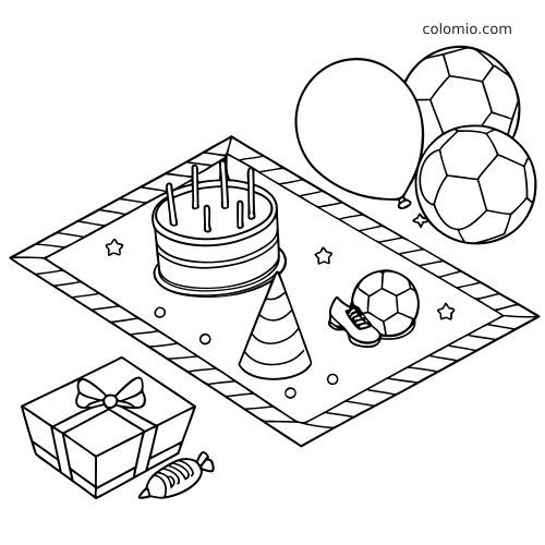 Jogo americano de festa de futebol em preto e branco com bolo, balões, bolas, chapéu de festa, presente, chuteira e doce.