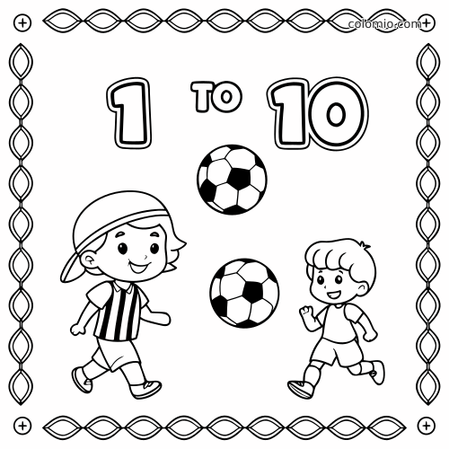 Página em preto e branco com os números de 1 a 10, duas bolas de futebol e duas crianças sorrindo e correndo.