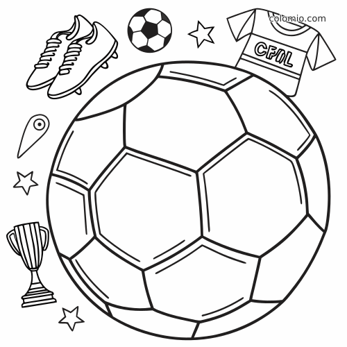 Colagem em preto e branco de futebol com uma bola grande, chuteiras, camisa, troféu, estrelas e um pin de localização.