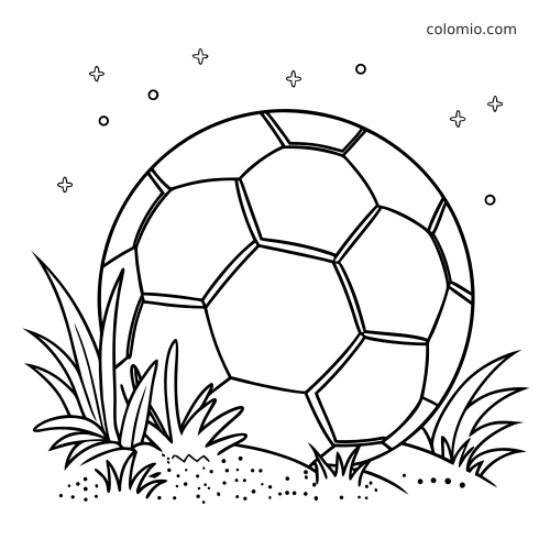 Uma bola de futebol grande apoiada no gramado, com pequenas estrelas ao redor, em contorno simples de ligar os pontos.