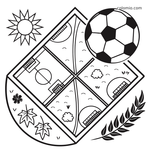 Ilustração em preto e branco de um campo de futebol dividido em quatro estações, com bola grande, sol, folhas e trevo.