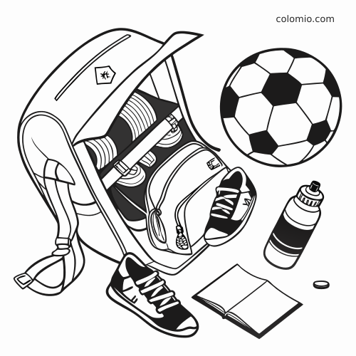 Ilustração em preto e branco de uma mochila com equipamentos de futebol, incluindo caneleiras, chuteiras, bola, garrafa e caderno aberto.