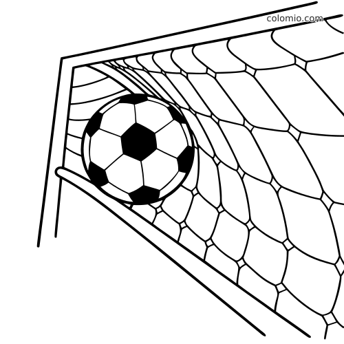 Desenho em preto e branco de uma bola de futebol presa na rede do gol, vista de perto em ângulo diagonal.