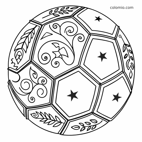 Mandala em preto e branco em forma de bola de futebol, com arabescos florais, folhas e estrelas nos gomos.