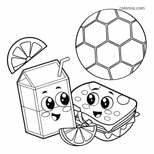 Desenho em preto e branco de uma caixinha de suco e um sanduíche sorridentes ao lado de uma bola de futebol.