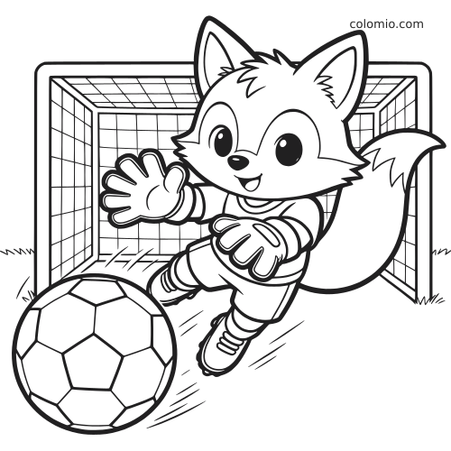 Un renard cartoon en tenue de gardien de but plonge devant les cages de football, avec un grand ballon au premier plan.