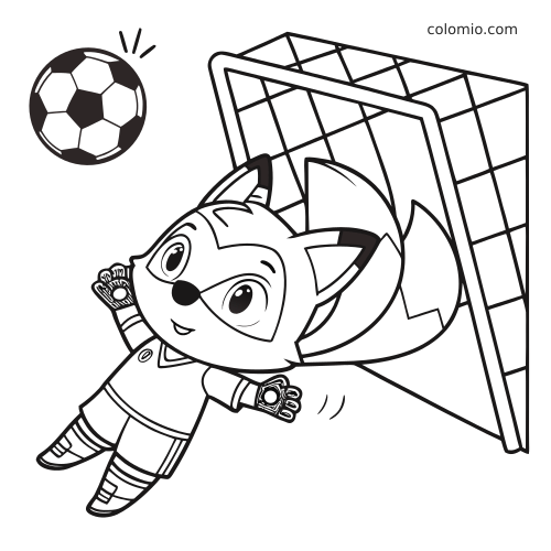 Un renard gardien de but en dessin au trait plonge devant la cage de football pour arrêter le ballon avec ses gants.