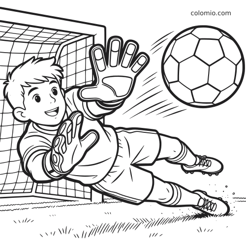 Un gardien de but de football en dessin animé plonge devant le filet, les mains gantées tendues vers un ballon en mouvement.