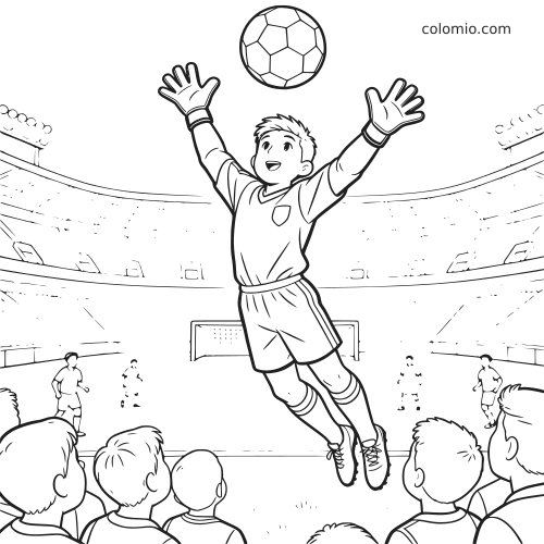 Desenho em preto e branco de um goleiro de futebol pulando alto para pegar a bola em um estádio, com torcida e jogadores ao fundo.