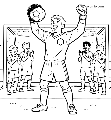 Gardien de but de football en noir et blanc devant le but, levant le ballon après un arrêt pendant que ses coéquipiers applaudissent.