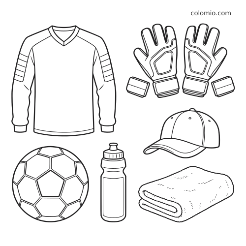 Dessin en noir et blanc d’un équipement de gardien de but vu à plat, avec maillot, gants, casquette, ballon, gourde et serviette.