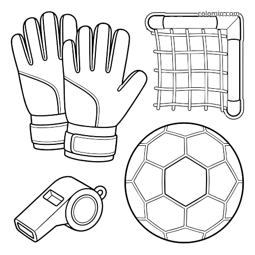 Page de coloriage en noir et blanc avec des gants de gardien, un coin de filet de but, un ballon de football et un sifflet d’arbitre.