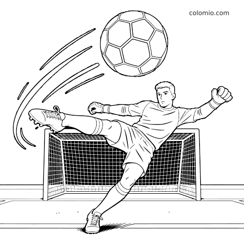 Page de coloriage en noir et blanc montrant un gardien de but de football qui dégage le ballon devant la cage, avec des lignes de mouvement.