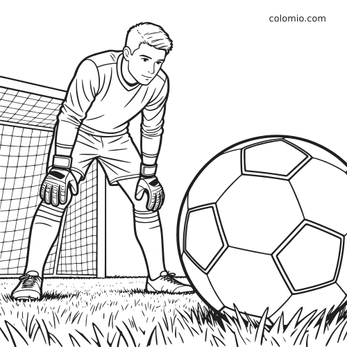 Un gardien de football avec des gants se penche en position d’échauffement devant le but, avec un grand ballon au premier plan.