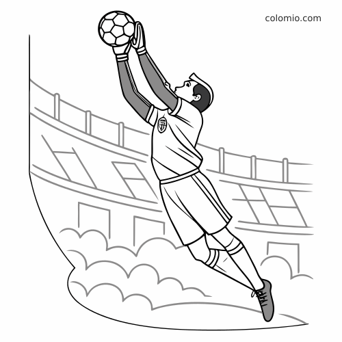 Un gardien de but de football saute dans les airs et attrape un ballon haut des deux mains dans un stade.