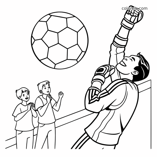 Page de coloriage en noir et blanc montrant un gardien de but de football levant le poing après un arrêt, avec deux enfants qui l’encouragent.