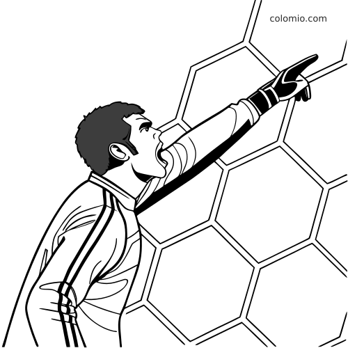 Gros plan en noir et blanc d’un gardien de but de football qui crie et pointe du doigt devant le filet hexagonal.