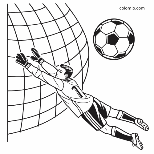 Dessin au trait en noir et blanc d’un gardien de but de football plongeant devant le filet, avec un ballon à proximité.
