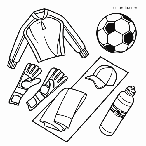 Vue à plat en noir et blanc d’un équipement de gardien de but avec maillot, gants, ballon de football, casquette, serviette et gourde.