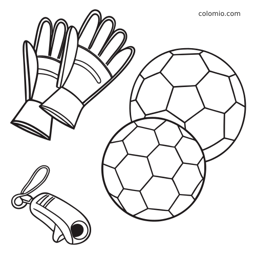 Dessin en noir et blanc montrant des gants de gardien, deux ballons de football et un sifflet dans une composition sportive simple.