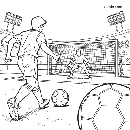 Un joueur de football s’apprête à tirer un penalty face au gardien devant le but, sous les projecteurs du stade.