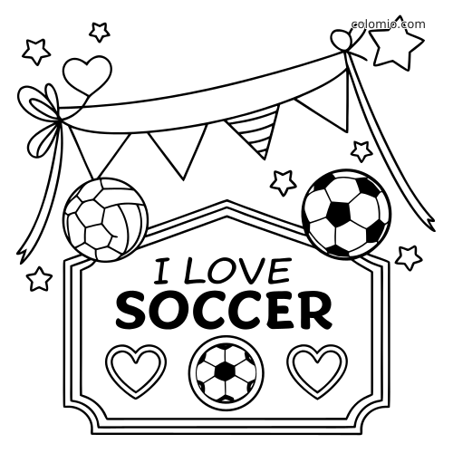 Desenho em preto e branco de uma faixa com a frase Eu amo futebol, bolas de futebol, bandeirolas, estrelas e corações.