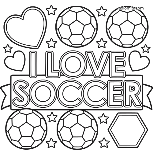 Desenho para colorir em preto e branco com a frase Eu amo futebol, quatro bolas de futebol, corações, estrelas e um hexágono.