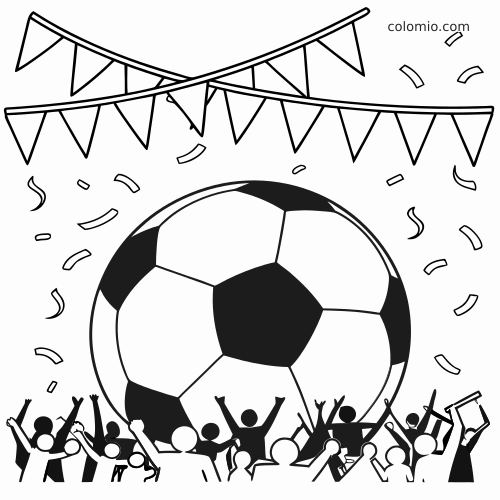 Uma grande bola de futebol acima de uma multidão comemorando, com bandeirinhas e confetes em cena em preto e branco.