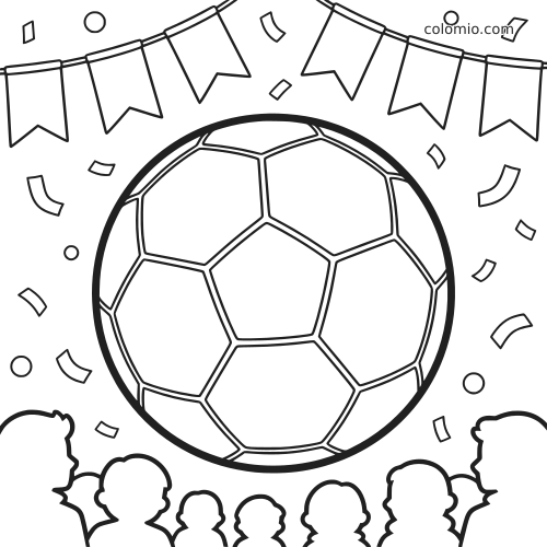 Grande bola de futebol no centro, acima de uma multidão comemorando, com confetes e bandeirinhas ao redor.
