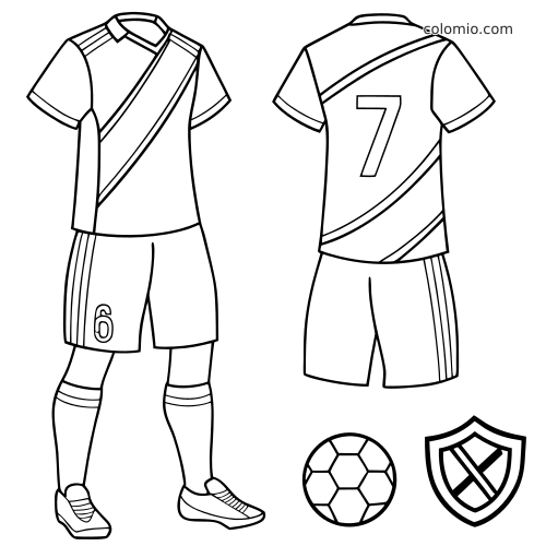 Contour en noir et blanc d’une tenue de football vierge vue de face et de dos, avec maillot, short, chaussettes, ballon et écusson.