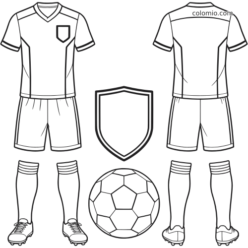 Contour d’une tenue de football vierge vue de face et de dos, avec maillot, short, chaussettes, chaussures, écusson et ballon.