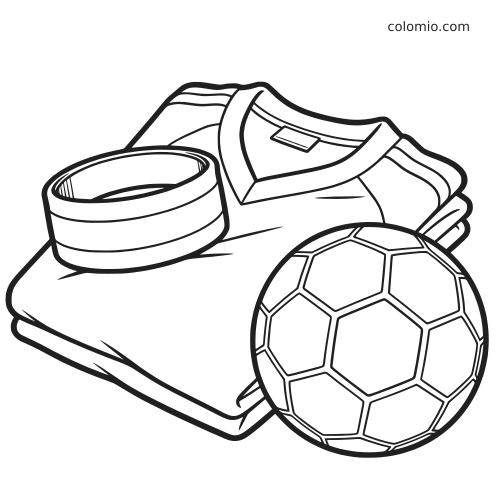 Un maillot de football plié avec un brassard de capitaine posé à côté et un ballon de football devant, en dessin au trait simple.