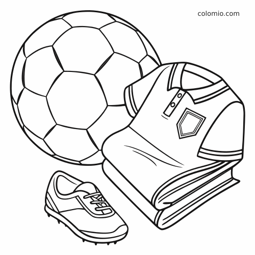 Page de coloriage en noir et blanc montrant un grand ballon de football, un maillot plié et une chaussure à crampons.