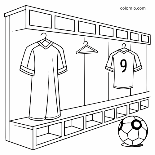 Page de coloriage en noir et blanc montrant un vestiaire de football avec deux maillots sur cintres, un numéro 9, des casiers et un ballon.
