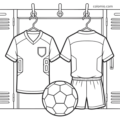 Page de coloriage en noir et blanc montrant deux maillots de football suspendus dans un vestiaire, avec un short et un ballon devant.