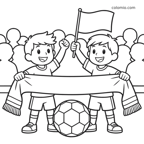 Deux jeunes supporters de football tiennent une grande écharpe et un drapeau vierge, avec un ballon devant une foule en arrière-plan.