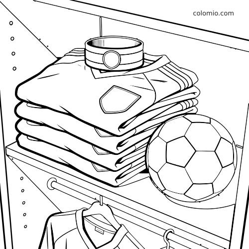 Une pile de maillots de football pliés sur une étagère, avec un brassard de capitaine posé dessus et un ballon à côté.