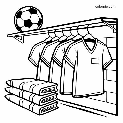 Dessin en noir et blanc montrant des maillots de football suspendus, des vêtements pliés empilés et un ballon sur l’étagère du haut.