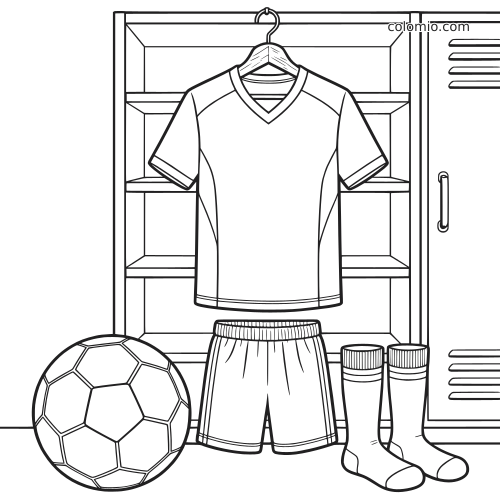 Un maillot de football suspendu à un cintre dans un casier ouvert, avec un short, des chaussettes et un ballon en noir et blanc.