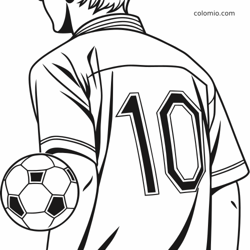 Vue de dos en noir et blanc d’un joueur de football portant un maillot numéro 10 et tenant un ballon sous le bras.