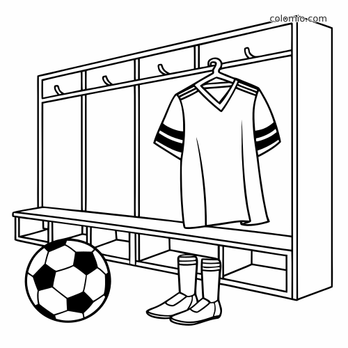 Un maillot de football est suspendu à un cintre dans un vestiaire, avec un banc, un ballon et des chaussettes en dessin au trait.