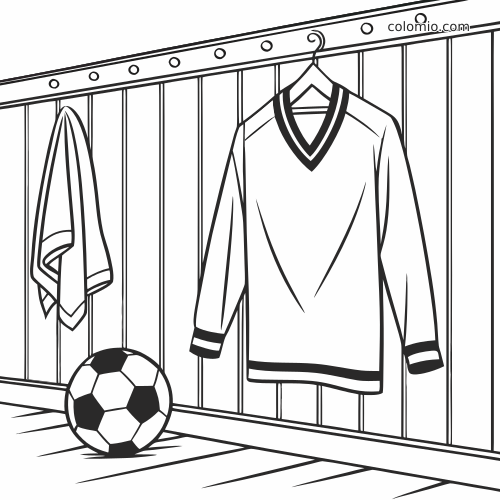 Dessin au trait en noir et blanc d’un maillot de football rétro suspendu dans un vestiaire, avec une serviette et un ballon.