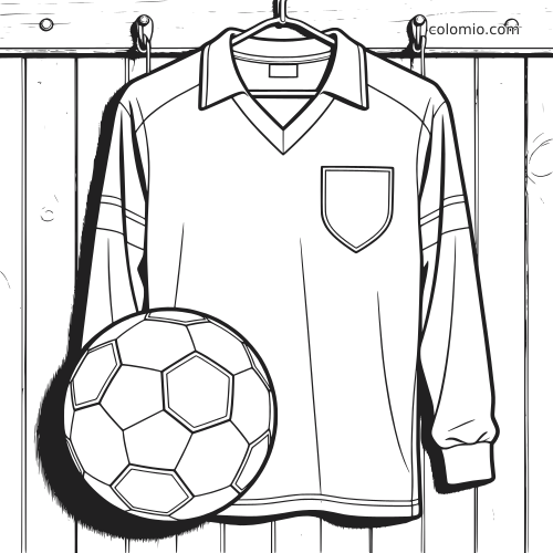 Page de coloriage en noir et blanc montrant un maillot de football rétro suspendu à un cintre, avec un ballon devant.