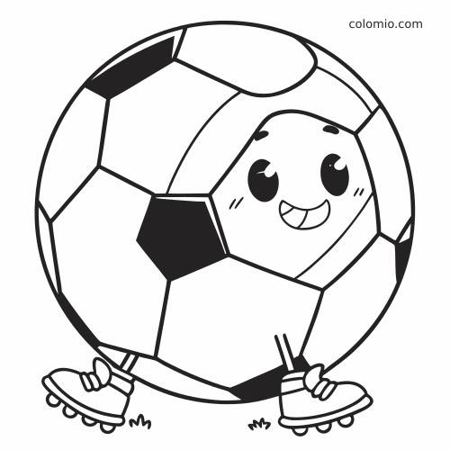 Uma bola de futebol em estilo kawaii, com rosto sorridente, olhos grandes e chuteiras, em contorno preto e branco.